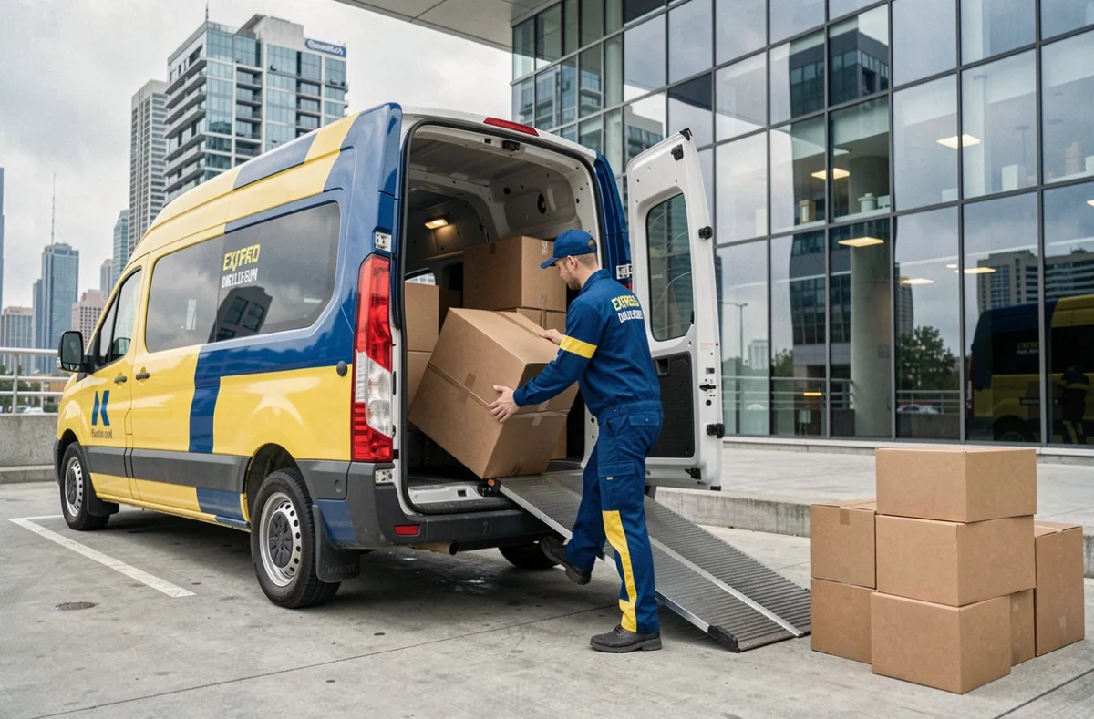 Un agent ABB Express déchargeant rapidement des cartons d'un van de livraison au quai d'un immeuble commercial moderne