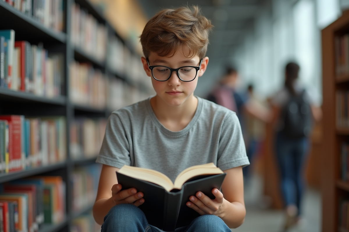 Adolescent lisant un livre dans une bibliothèque moderne