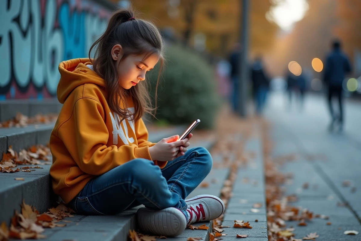 Adolescente lisant un manga sur smartphone en extérieur