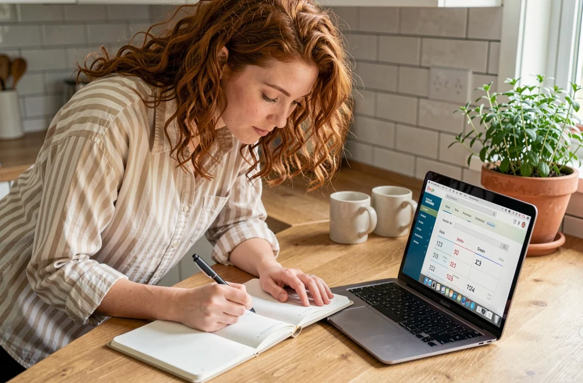 Jeune femme notant des dates clés dans un agenda ouvert à côté d'un calculateur de jours en ligne