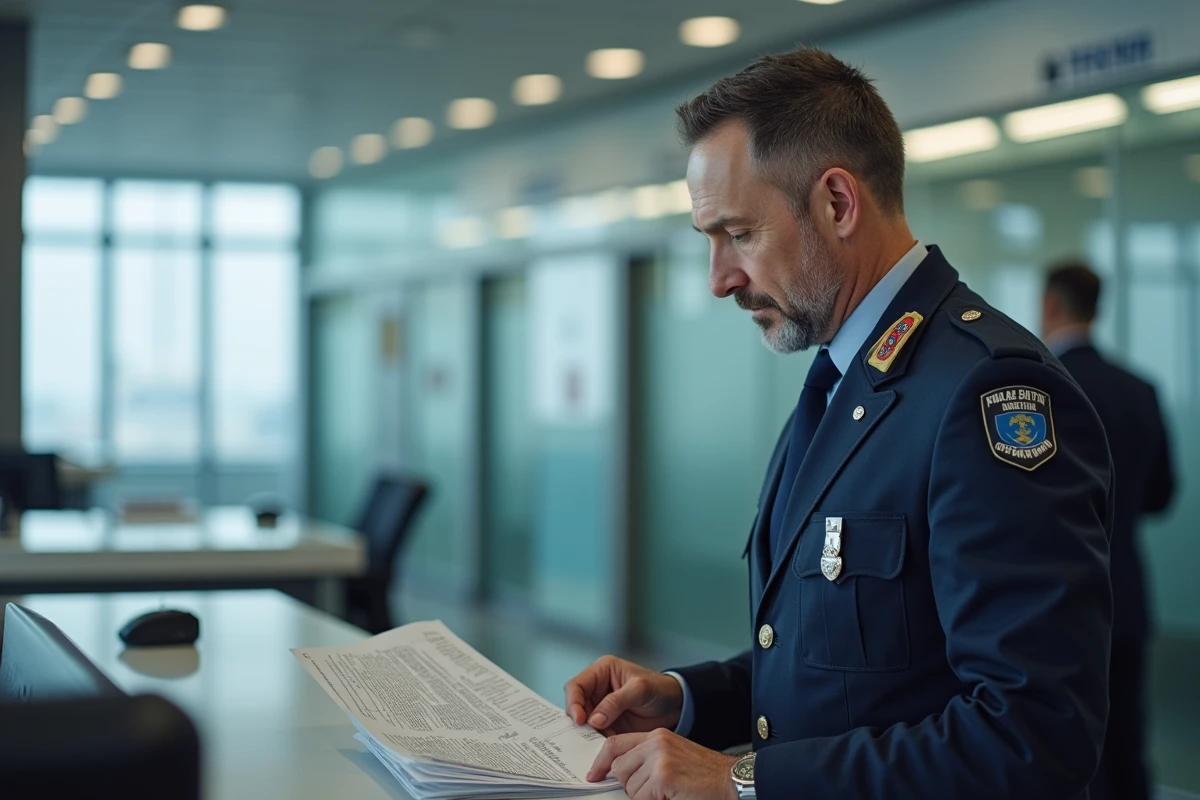 Agent des douanes à un poste frontière examinant des documents relatifs aux règles d'importation de tabac en Espagne