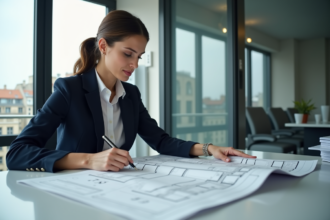 Agent immobilier femme en bureau avec plans T3