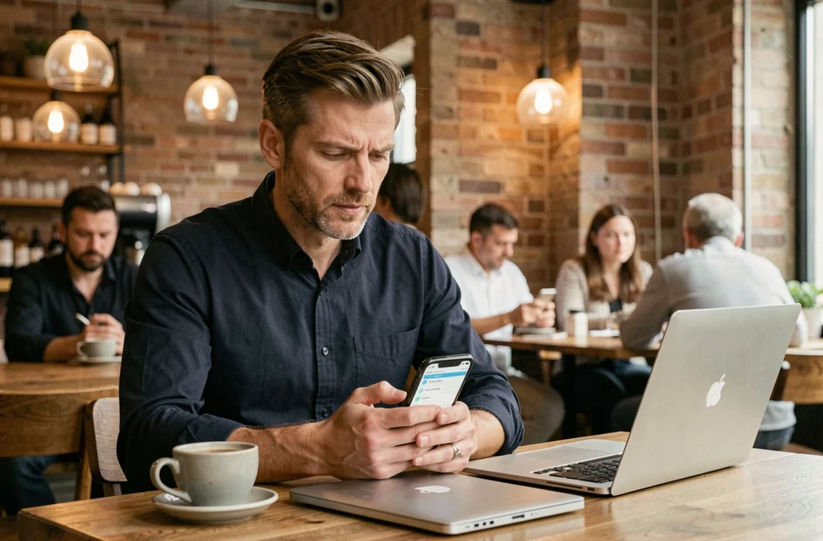 Homme consultant les paramètres réseau de son smartphone dans un café pour résoudre un problème WiFi
