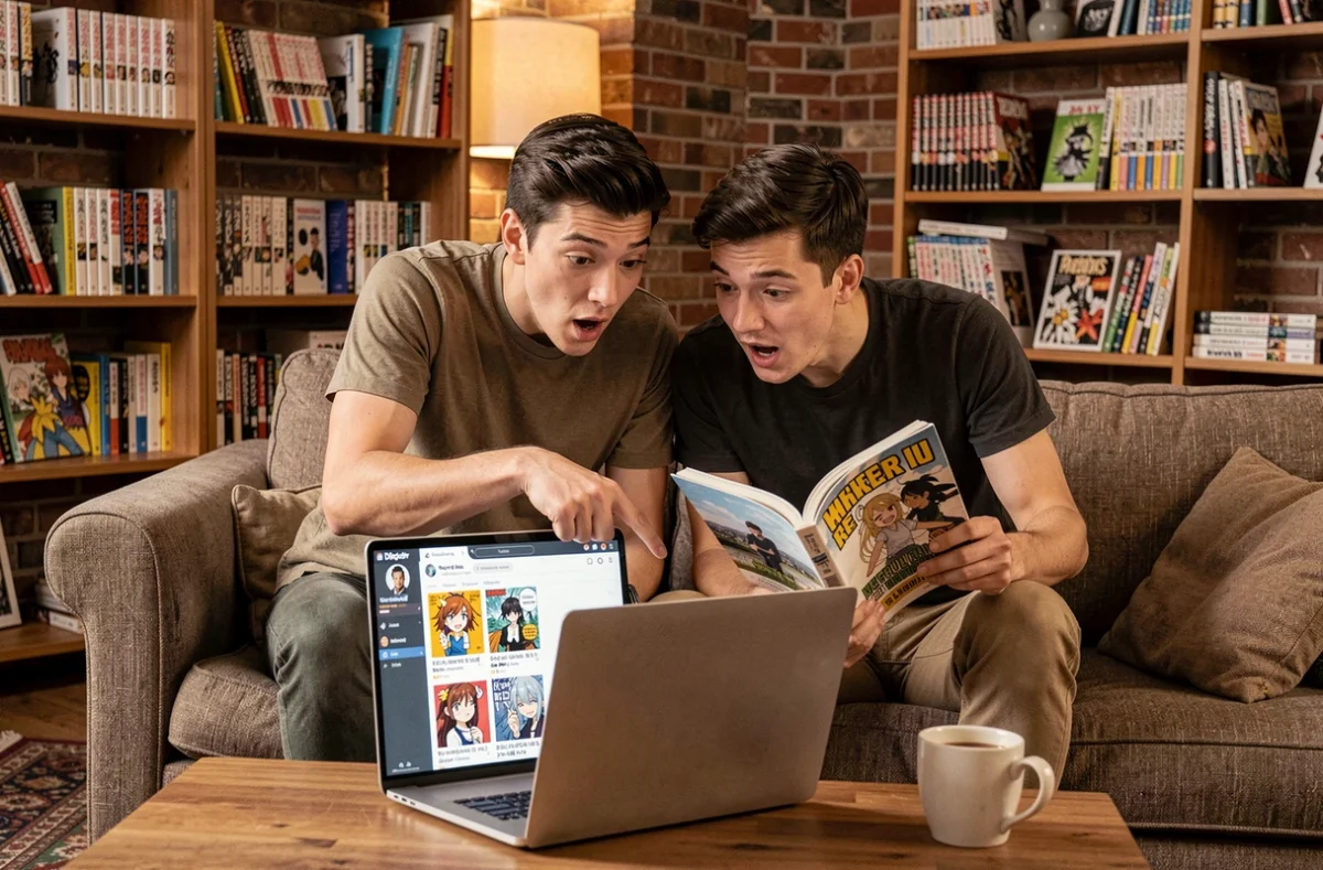 Deux amis passionnés de manga explorant ensemble des recommandations de titres méconnus sur un serveur Discord communautaire