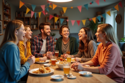 Groupe d'amis riant lors d'une fête conviviale à la maison