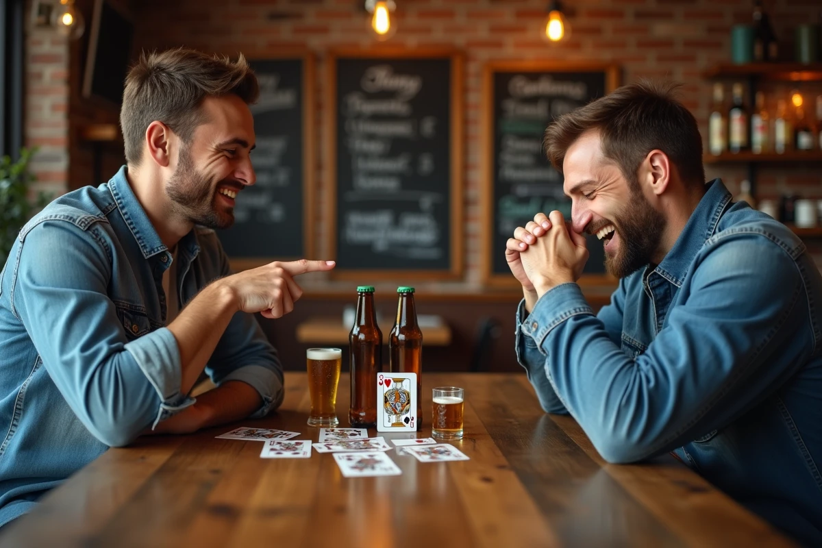 Deux amis jouant à un jeu de cartes alcoolisé dans un bar convivial avec des bouteilles de bière sur la table