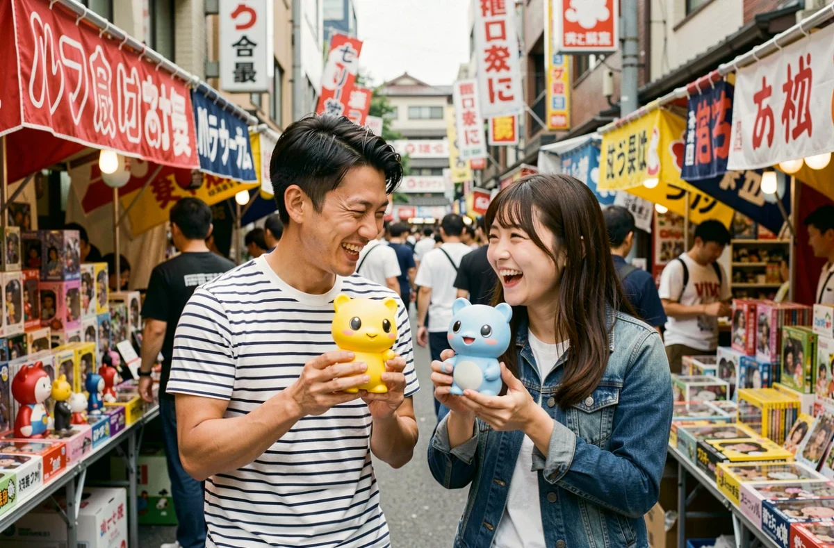 Deux amis comparant des figurines Labubu dans un marché de jouets animé à Tokyo