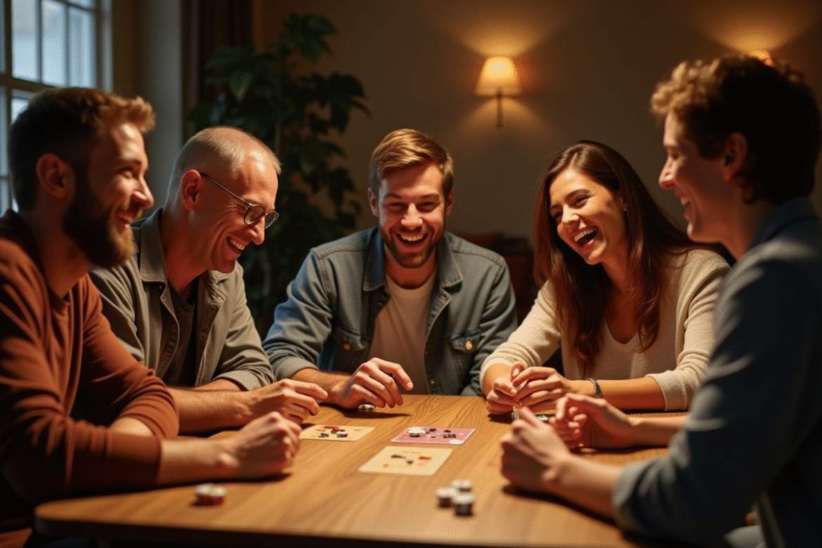Groupe d'amis riant autour d'une table en jouant au 421