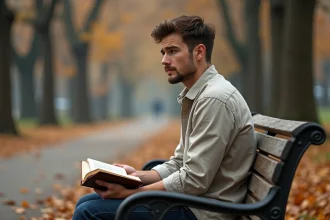 Jeune homme mélancolique assis seul sur un banc en automne, illustrant le sentiment d'amoureux transi et d'amour non partagé
