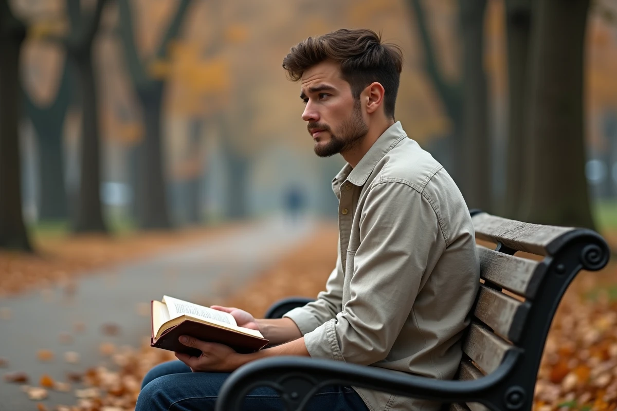 Jeune homme mélancolique assis seul sur un banc en automne, illustrant le sentiment d'amoureux transi et d'amour non partagé