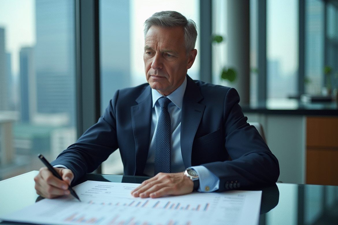 Analyste financier en costume bleu étude graphique taux d'intérêt