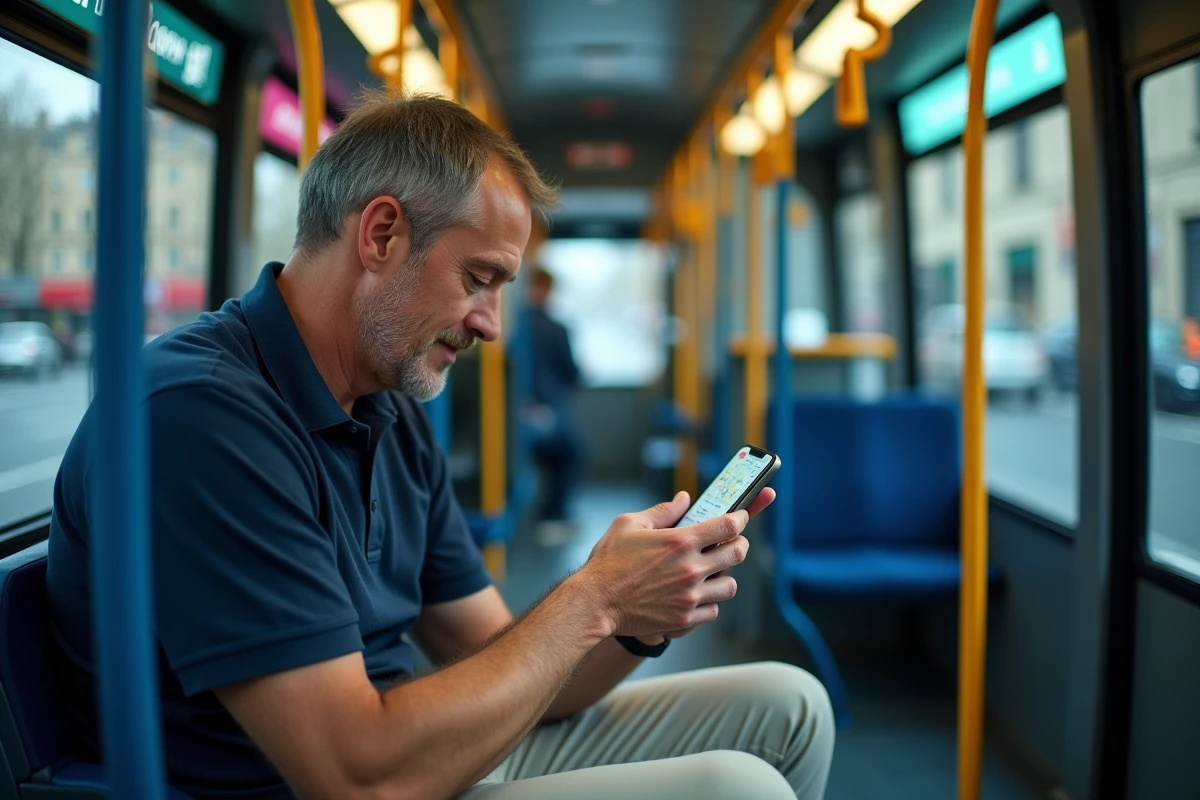 Homme consultant une application de carte des bus parisiens sur smartphone à l'intérieur d'un bus RATP pendant les Jeux Olympiques de Paris 2026