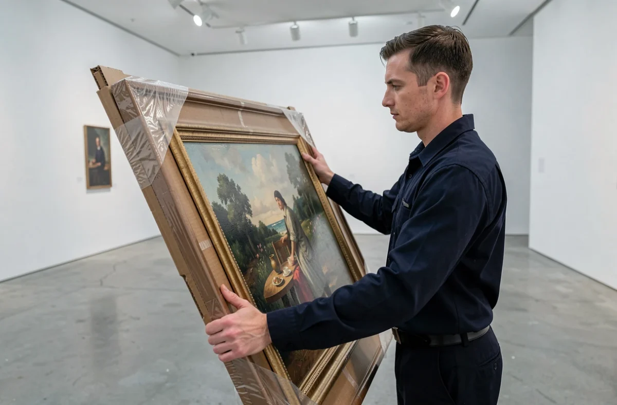 Un déménageur Art Moval manipulant avec soin une œuvre d'art emballée dans une galerie contemporaine en cours de déménagement