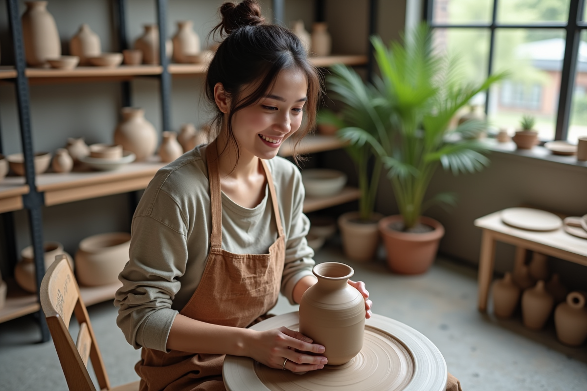 Jeune femme céramiste façonnant un vase en argile dans son atelier