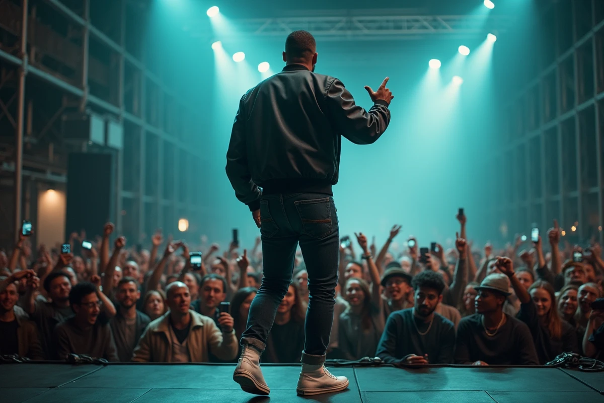Artiste rap en concert sur scène devant un public en 2026, ambiance retour sur scène après un come-back