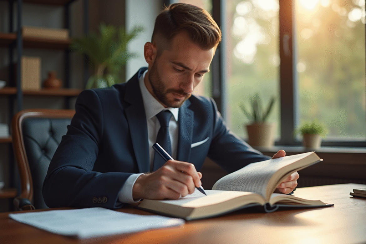 Avocat habille et lit un code civil lumineux