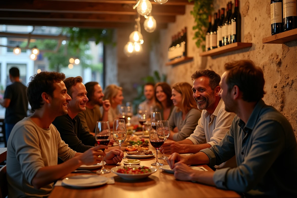 Groupe convivial autour d'un verre de vin et d'une planche apéro dans un bar à vins de Cholet