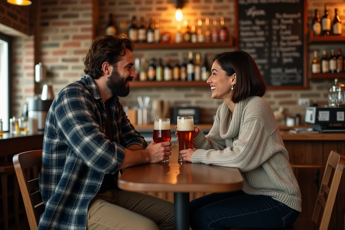Duo d'amis qui discutent autour d'une bière artisanale dans un bar intérieur cosy à Cholet
