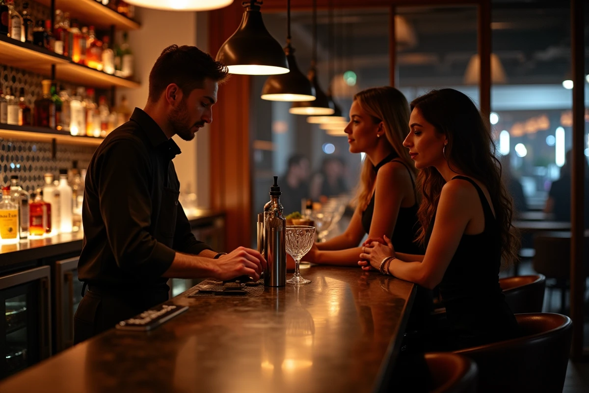 Barman préparant des cocktails dans un bar de boîte de nuit à Lille après minuit