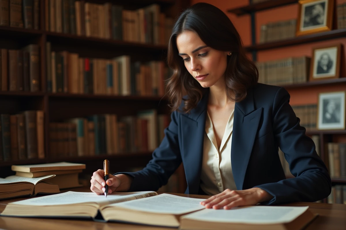Femme d'origine nord-africaine réfléchissant dans une bibliothèque, entourée de livres et de notes manuscrites, illustrant la curiosité autour d'une biographie intrigante