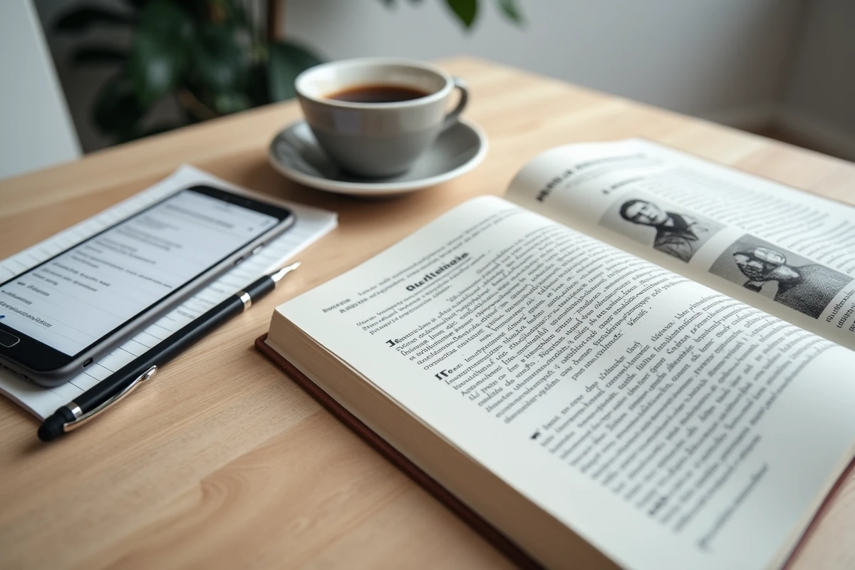Livre biographique ouvert avec annotations manuscrites, café et smartphone sur un bureau en bois, symbolisant la recherche d'informations sur la vie d'Amal Laoui