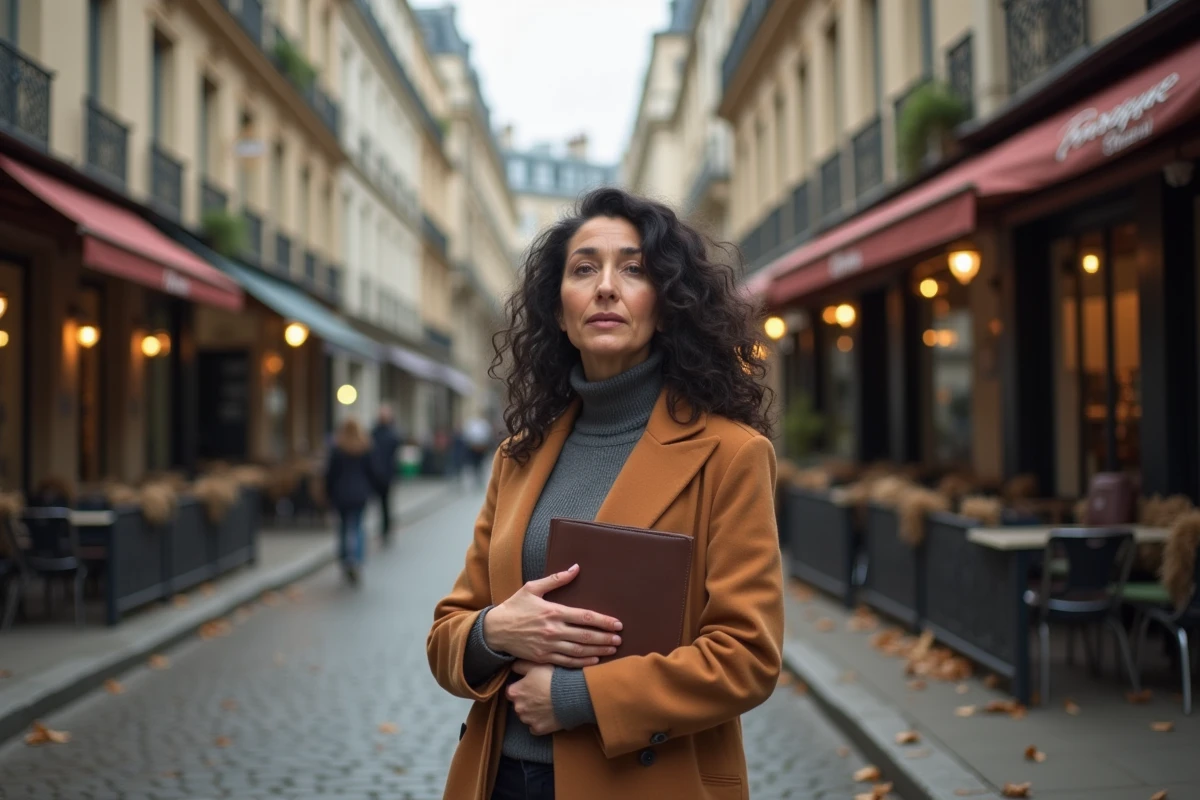 Femme tenant un journal intime dans une rue pavée parisienne en automne, évoquant le mystère et l'intérêt suscité par la biographie d'Amal Laoui