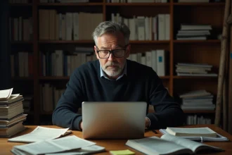 Blogueur analysant des articles polémiques sur son ordinateur portable dans un bureau encombré de documents imprimés