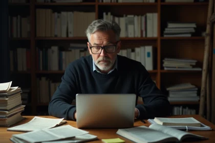 Blogueur analysant des articles polémiques sur son ordinateur portable dans un bureau encombré de documents imprimés