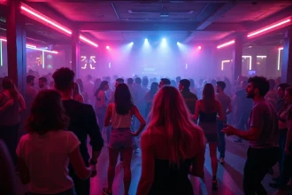Foule de jeunes adultes dansant dans une boîte de nuit à Lille avec décor industriel et néons colorés