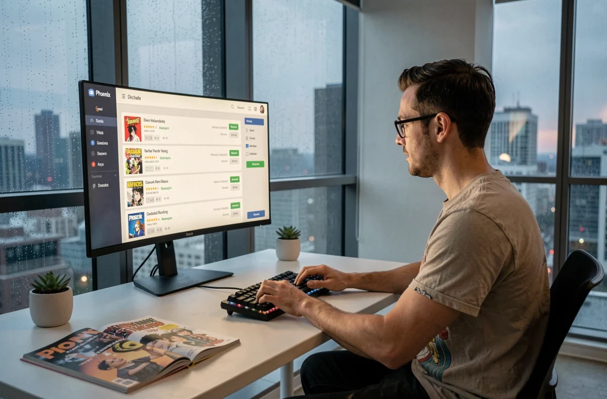Homme utilisant le bot Phoenix sur Discord pour scanner et découvrir des mangas rares avec interface de recherche automatisée