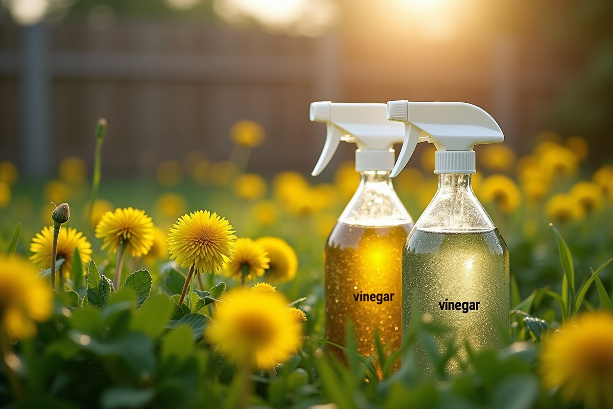 Deux bouteilles de vinaigre à côté de pissenlits dans un jardin potager