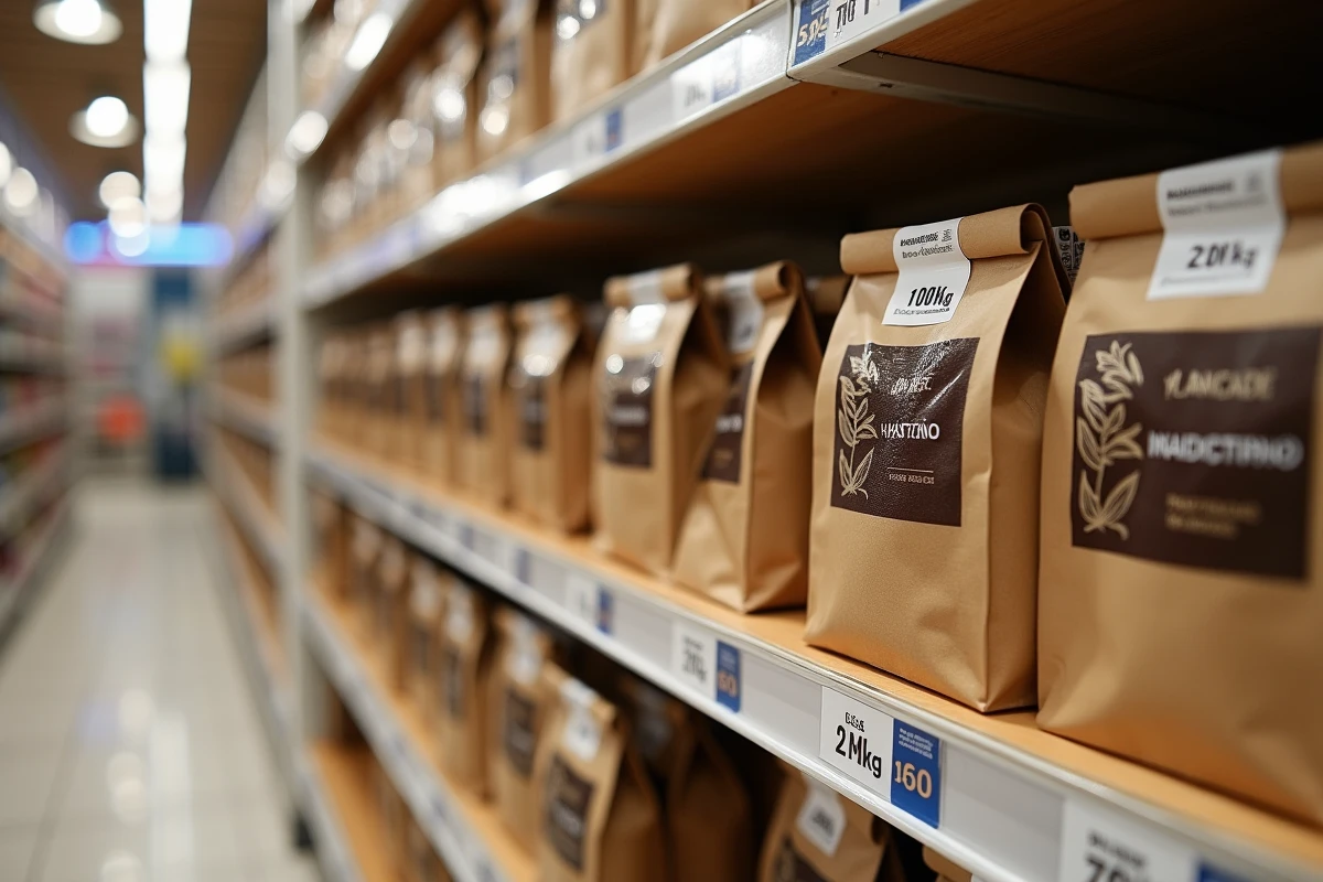 Étagère de boutique hors-taxe espagnole présentant des seaux de tabac d'un kilogramme avec étiquettes de prix en euros