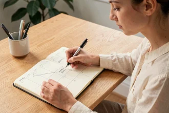 Jeune femme écrivant un calendrier semaines paires et impaires dans un bullet journal minimaliste sur un bureau en bois clair