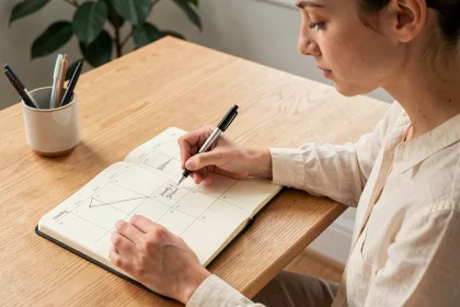Jeune femme écrivant un calendrier semaines paires et impaires dans un bullet journal minimaliste sur un bureau en bois clair