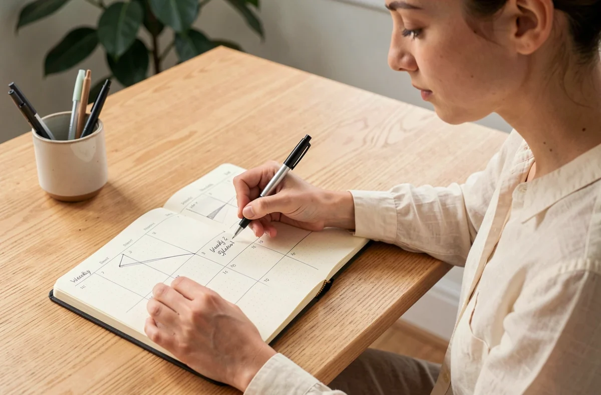 Jeune femme écrivant un calendrier semaines paires et impaires dans un bullet journal minimaliste sur un bureau en bois clair