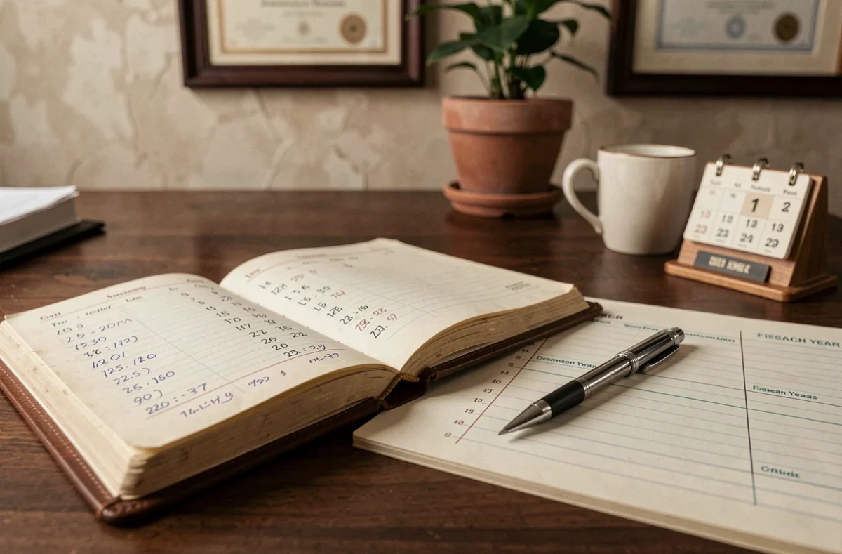 Gros plan d'un bureau comptable avec un grand livre ouvert et un calendrier montrant des calculs de durée entre deux dates fiscales