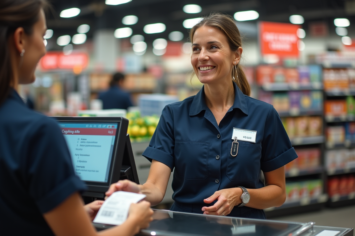 Caissière expérimentée remet un ticket de caisse au client dans un supermarché