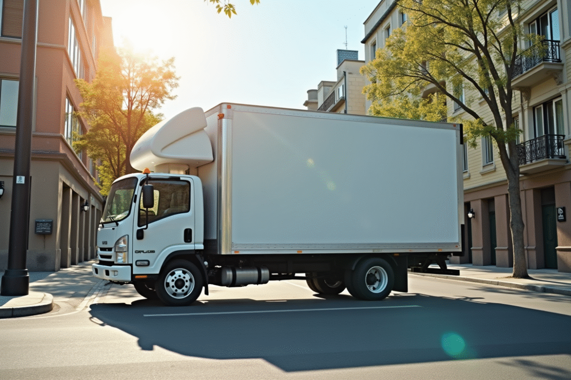 Camion de déménagement blanc 15m3 en ville en plein jour