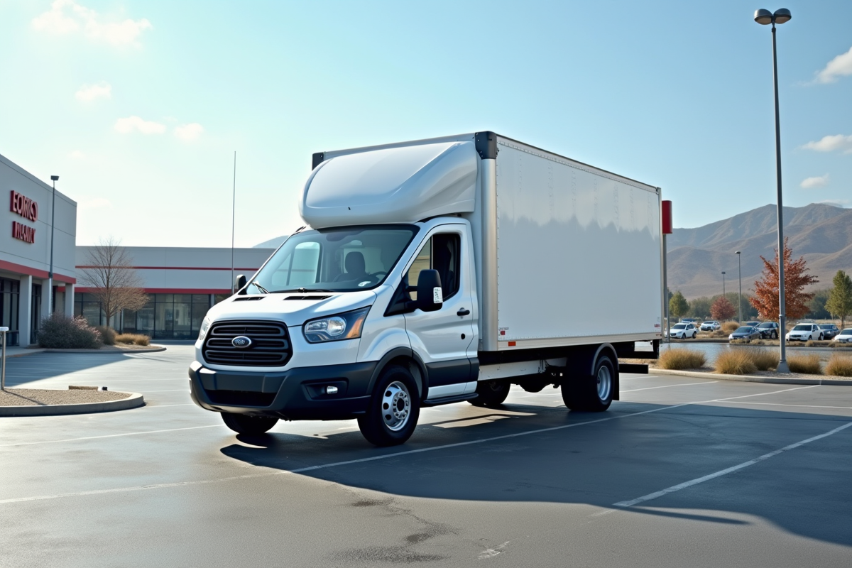 Camion de location dans un parking commercial en plein jour