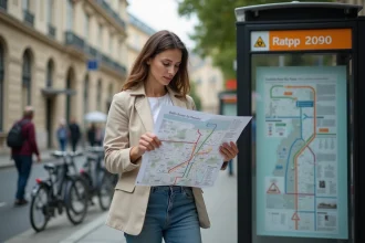 Femme consultant une carte de bus à un arrêt RATP décoré aux couleurs des Jeux Olympiques de Paris 2026, boulevard haussmannien en arrière-plan