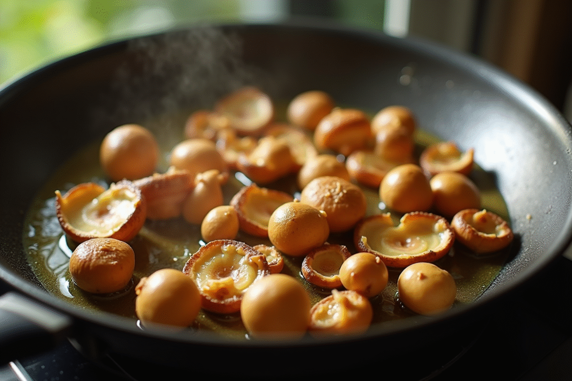 Champignons chanterelles fraîches sautés dans une poêle avec du beurre