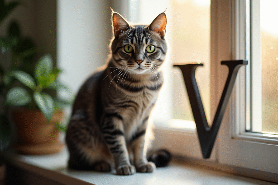 Chat gris aux yeux verts sur une fenêtre lumineuse