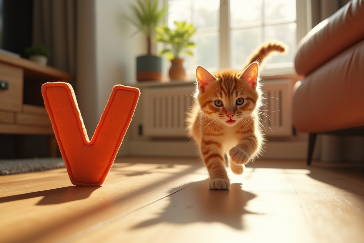 Chaton roux jouant avec une lettre V en feutre dans le salon
