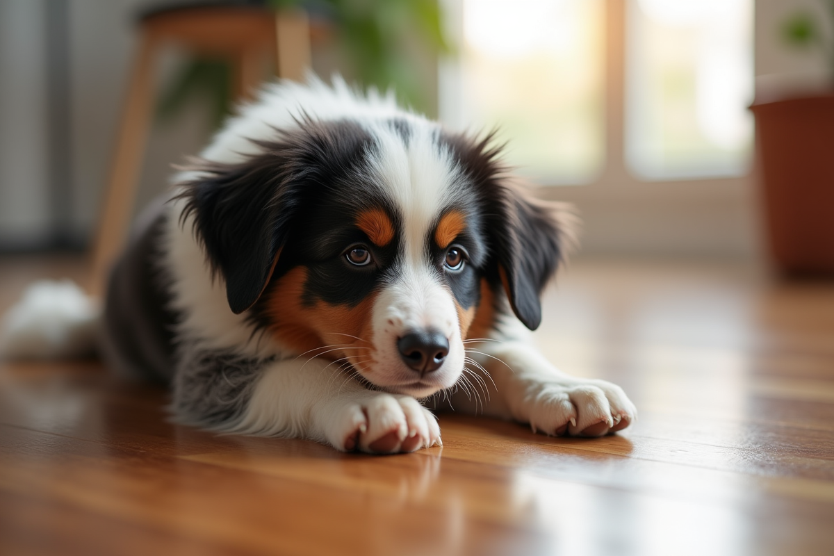 Chien Australian Shepherd adulte au interieur près d