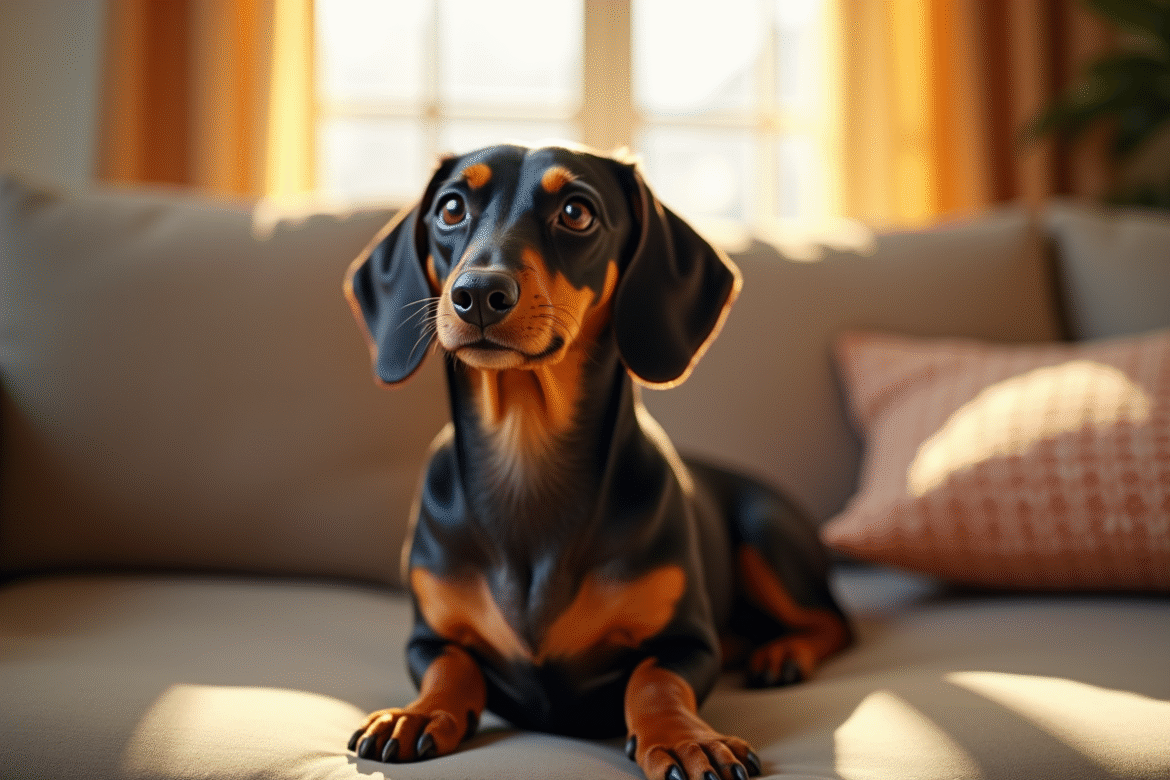Kaninchen Dachshund assis sur un canapé lumineux
