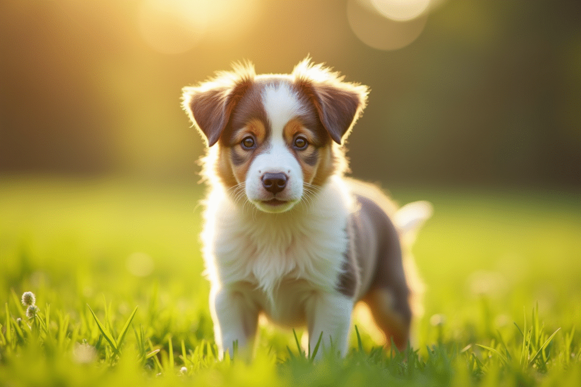 Chiot Australian Shepherd dans une prairie ensoleillee