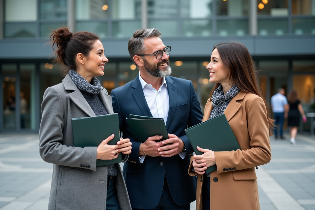 Trois collègues discutant devant un bâtiment moderne