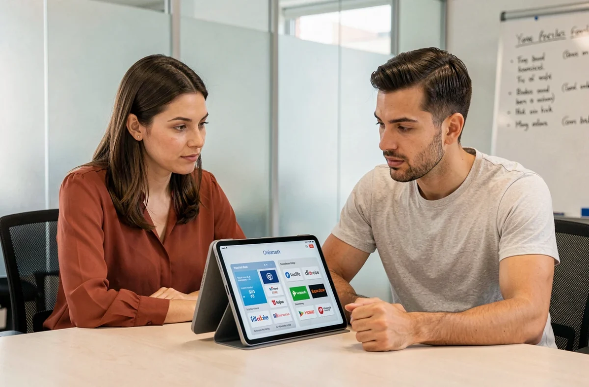 Deux collègues analysant ensemble un tableau comparatif de plateformes en ligne sur une tablette, discutant de la sécurité de Rabbit Findr face à ses sites concurrents