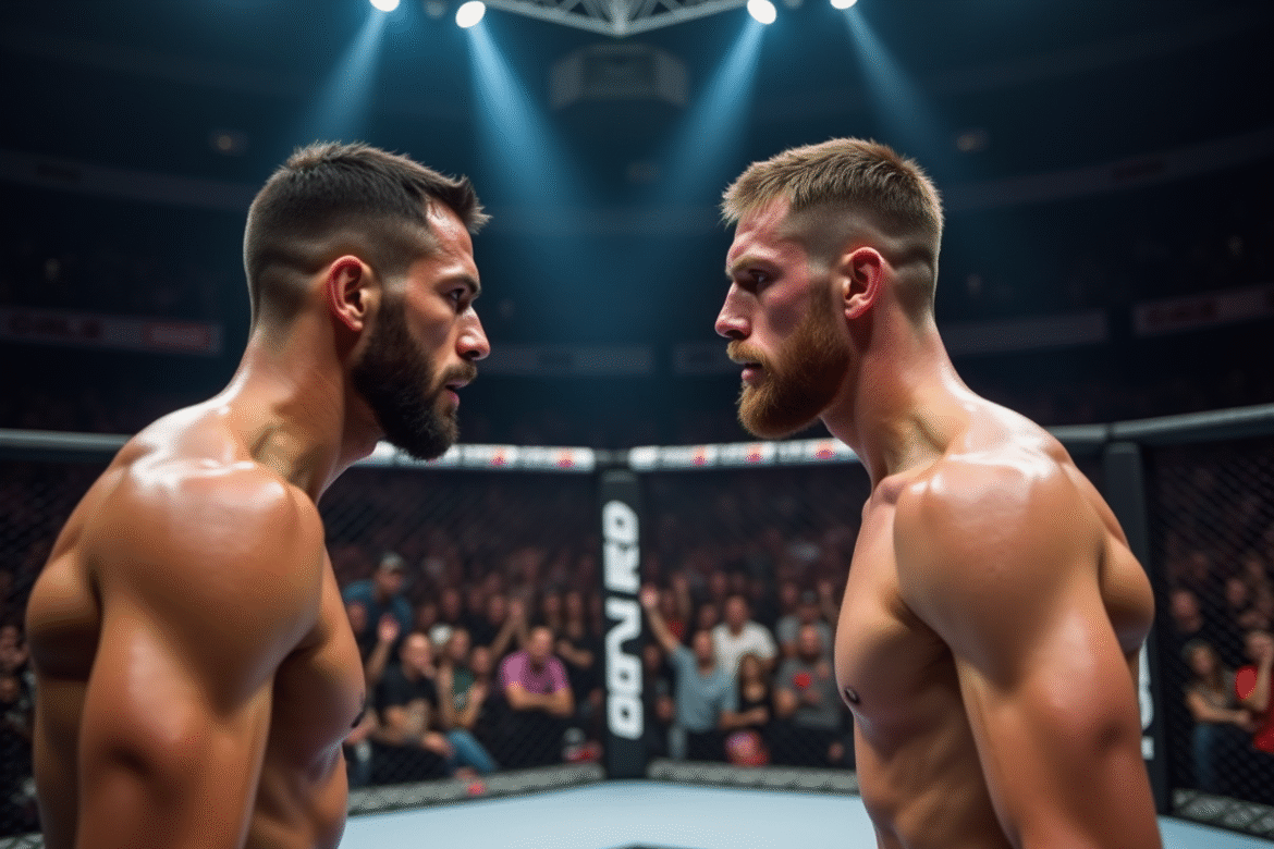 Deux combattants de MMA dans l'octogone avec foule en arrière-plan