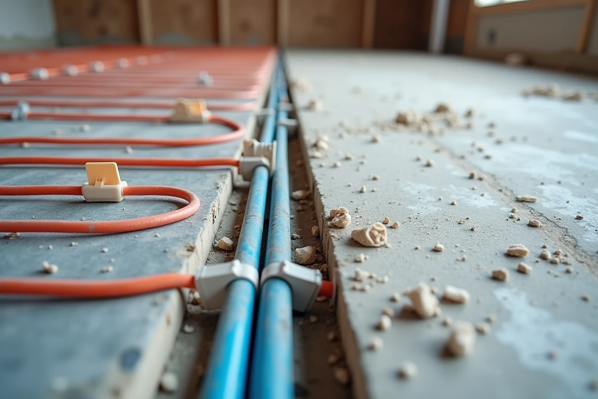 Comparaison côte à côte entre un plancher chauffant hydraulique en tubes PEX et un plancher chauffant électrique en nappe résistante sur un chantier résidentiel